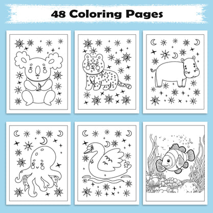 Starlit Friends Coloring Pages – 48 Pages – Cute Night Animals – For Kids