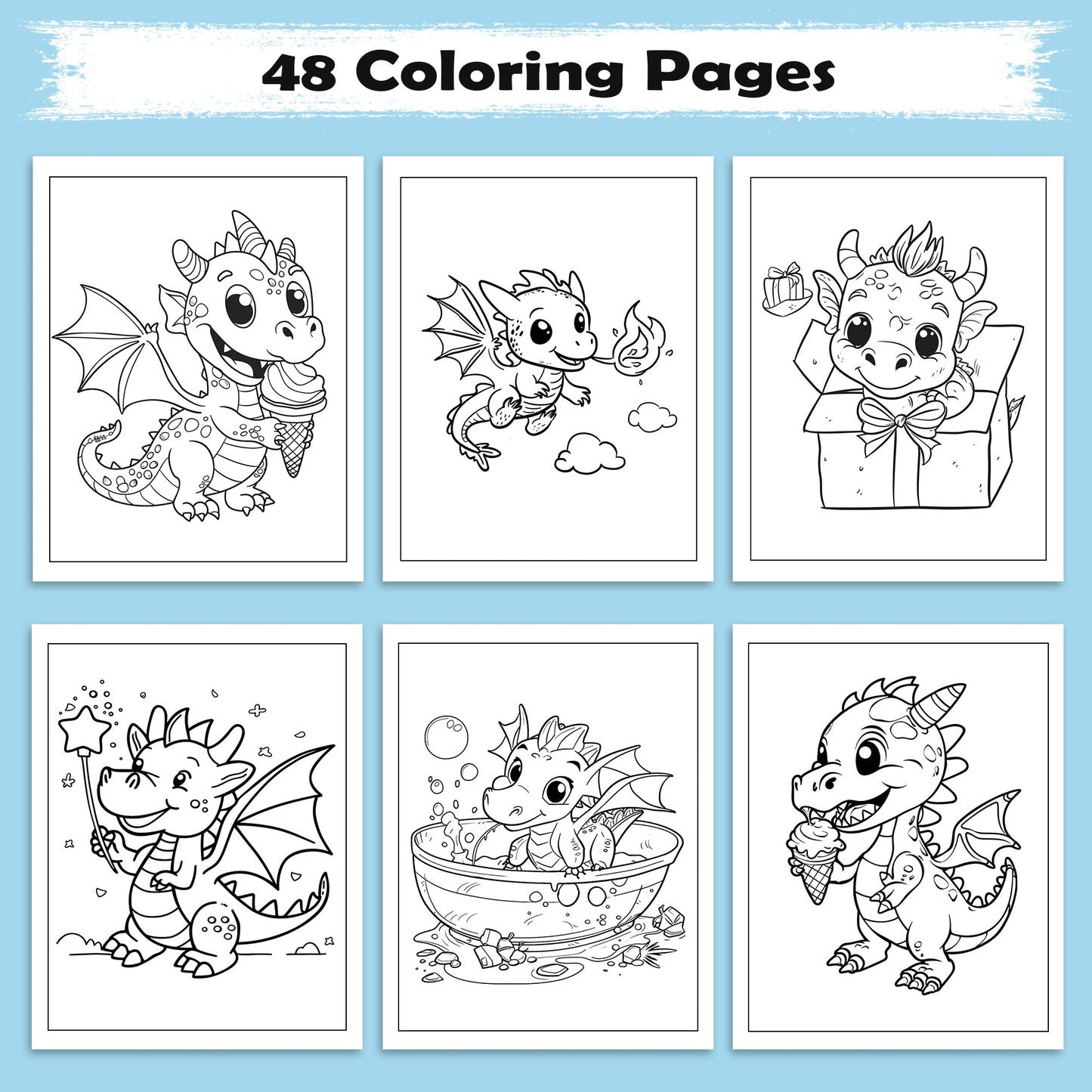Magical Dino World Coloring Pages – 48 Pages – Cute Dinosaur Adventures, Bath Time and Magic Scenes – For Kids