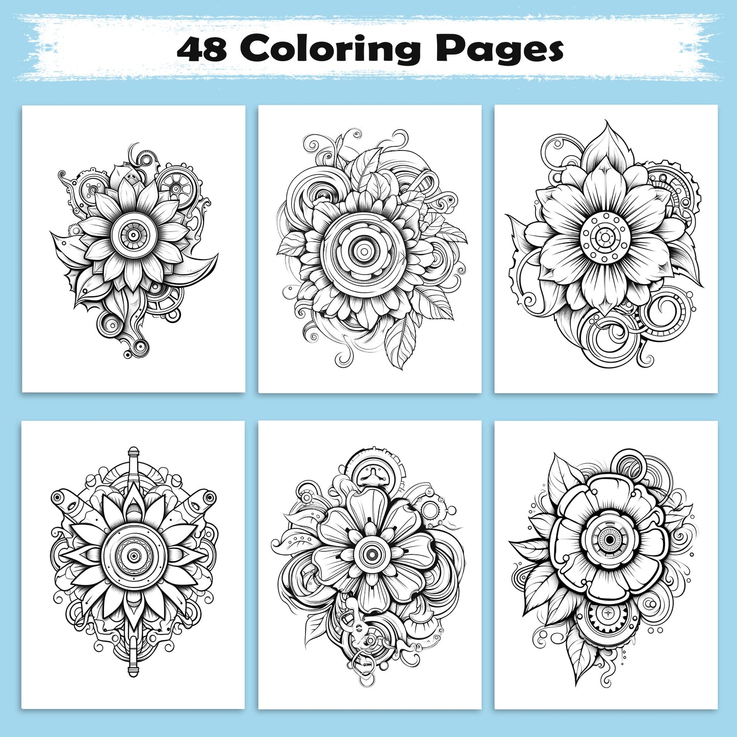 Mechanical Petals Mandala Coloring Pages – 48 Intricate Steampunk Flower Illustrations for Adults