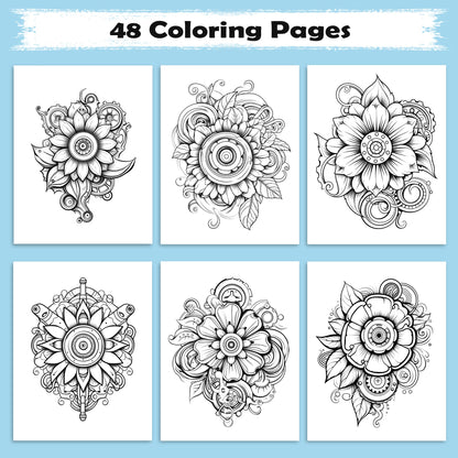 Mechanical Petals Mandala Coloring Pages – 48 Intricate Steampunk Flower Illustrations for Adults