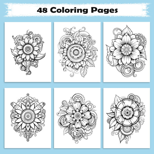 Mechanical Petals Mandala Coloring Pages – 48 Intricate Steampunk Flower Illustrations for Adults