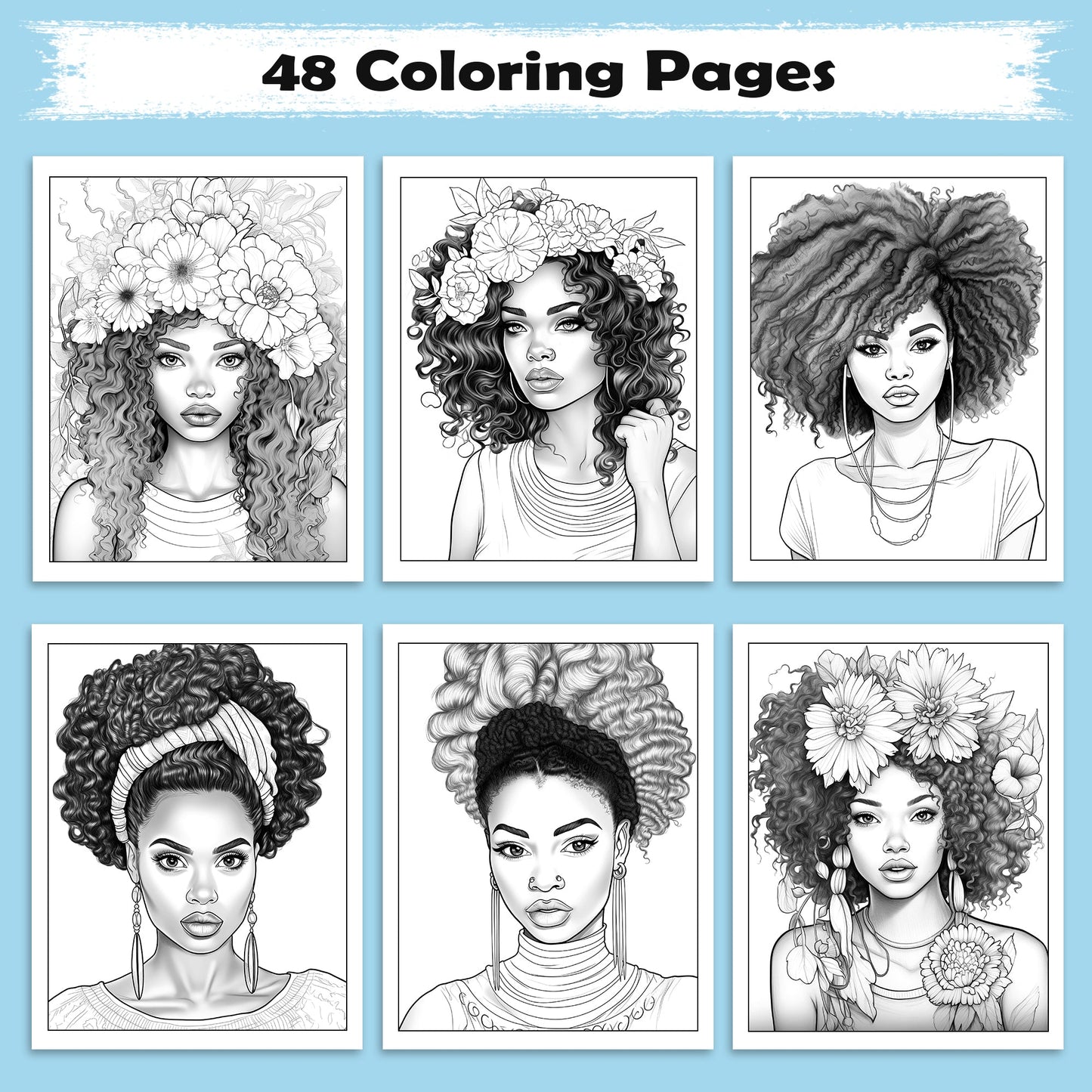 Crowned Beauty Coloring Pages – 48 Stunning Afro Woman Portraits for Adults