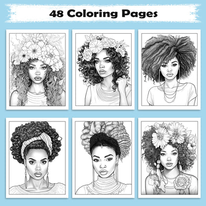 Crowned Beauty Coloring Pages – 48 Stunning Afro Woman Portraits for Adults