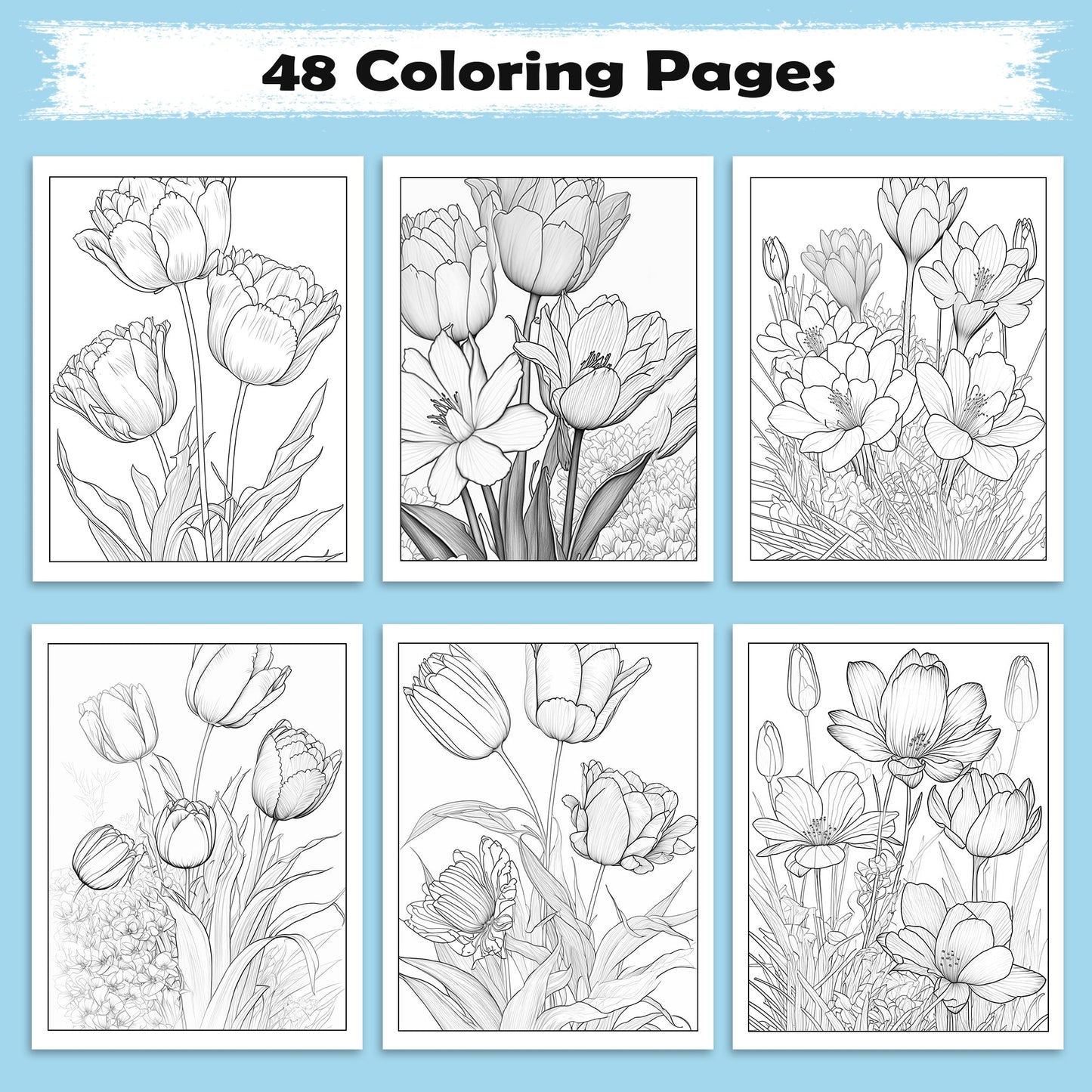 Tulip Serenity Coloring Pages – 48 Pages – Floral Art, Elegant Tulips, Botanical Designs – For Adults