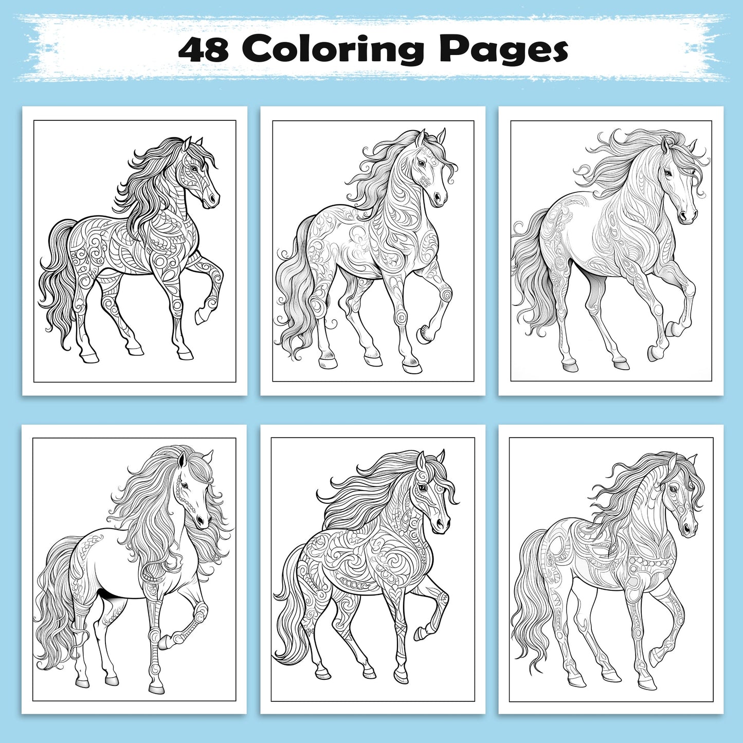 Majestic Horse Mandalas Coloring Pages – 48 Elegant Line Art Designs for Adults