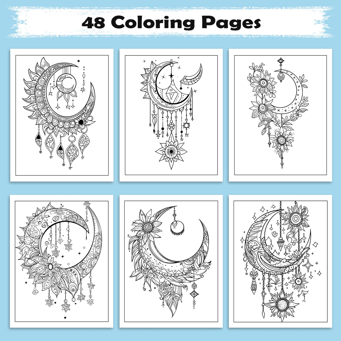 Starlit Zodiac Dreams Coloring Pages – 48 Pages – Moon, Stars & Horoscope Symbols for Adults