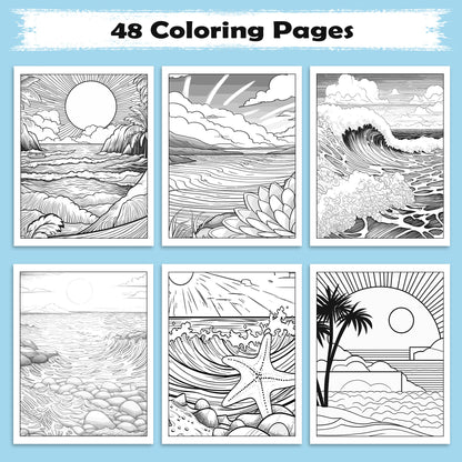 Waves of Hawaii Coloring Pages - 48 Sunrise Coast Scenes for Adults