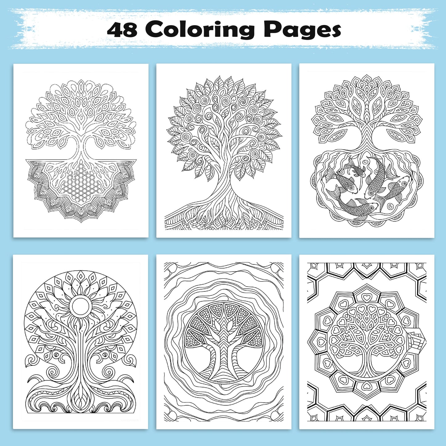 Roots of Harmony Coloring Pages – 48 Pages – Tree Mandalas and Sacred Patterns for Adults