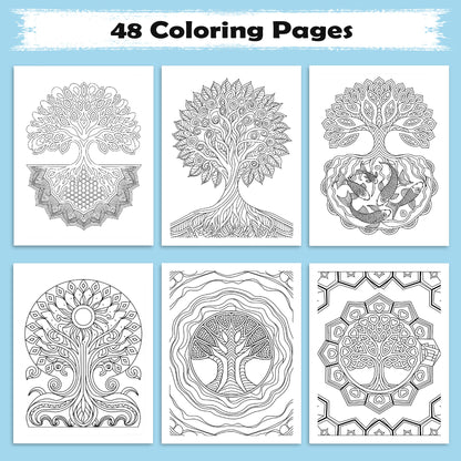 Roots of Harmony Coloring Pages – 48 Pages – Tree Mandalas and Sacred Patterns for Adults