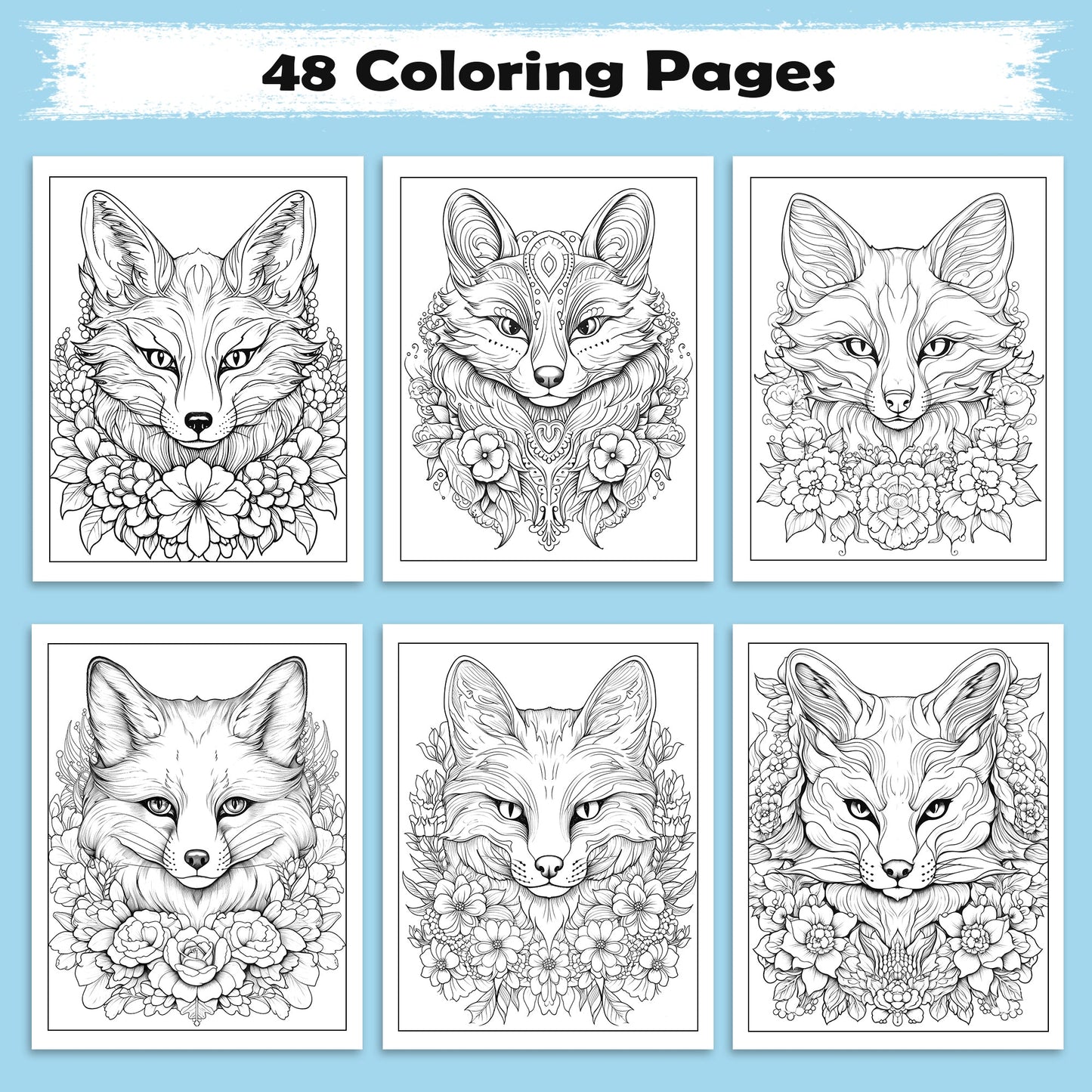 Blooming Fox Coloring Pages – 48 Pages – Charming Foxes, Floral Harmony, Forest Designs – For Adults