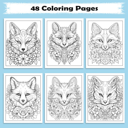 Blooming Fox Coloring Pages – 48 Pages – Charming Foxes, Floral Harmony, Forest Designs – For Adults