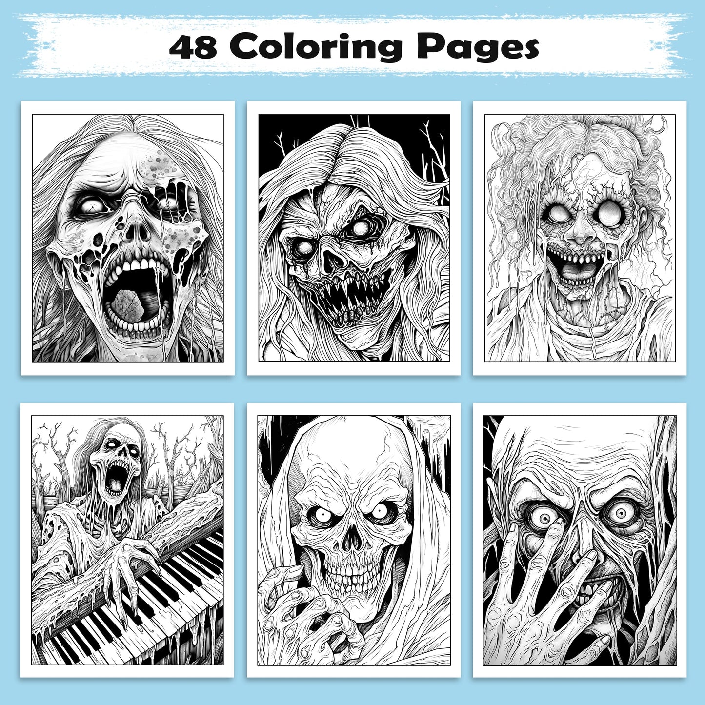 Haunting Screams Horror Coloring Pages – 48 Pages – Scary Skeletons, Zombies & Haunted Piano Scene – For Adults