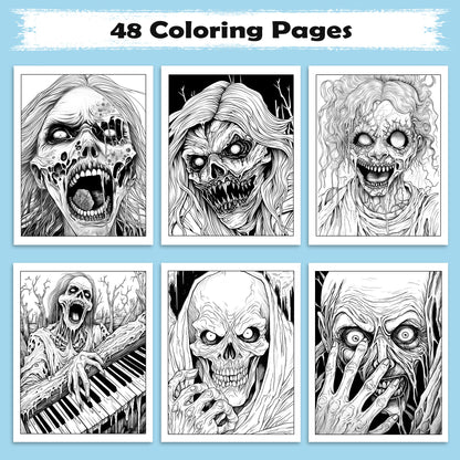 Haunting Screams Horror Coloring Pages – 48 Pages – Scary Skeletons, Zombies & Haunted Piano Scene – For Adults