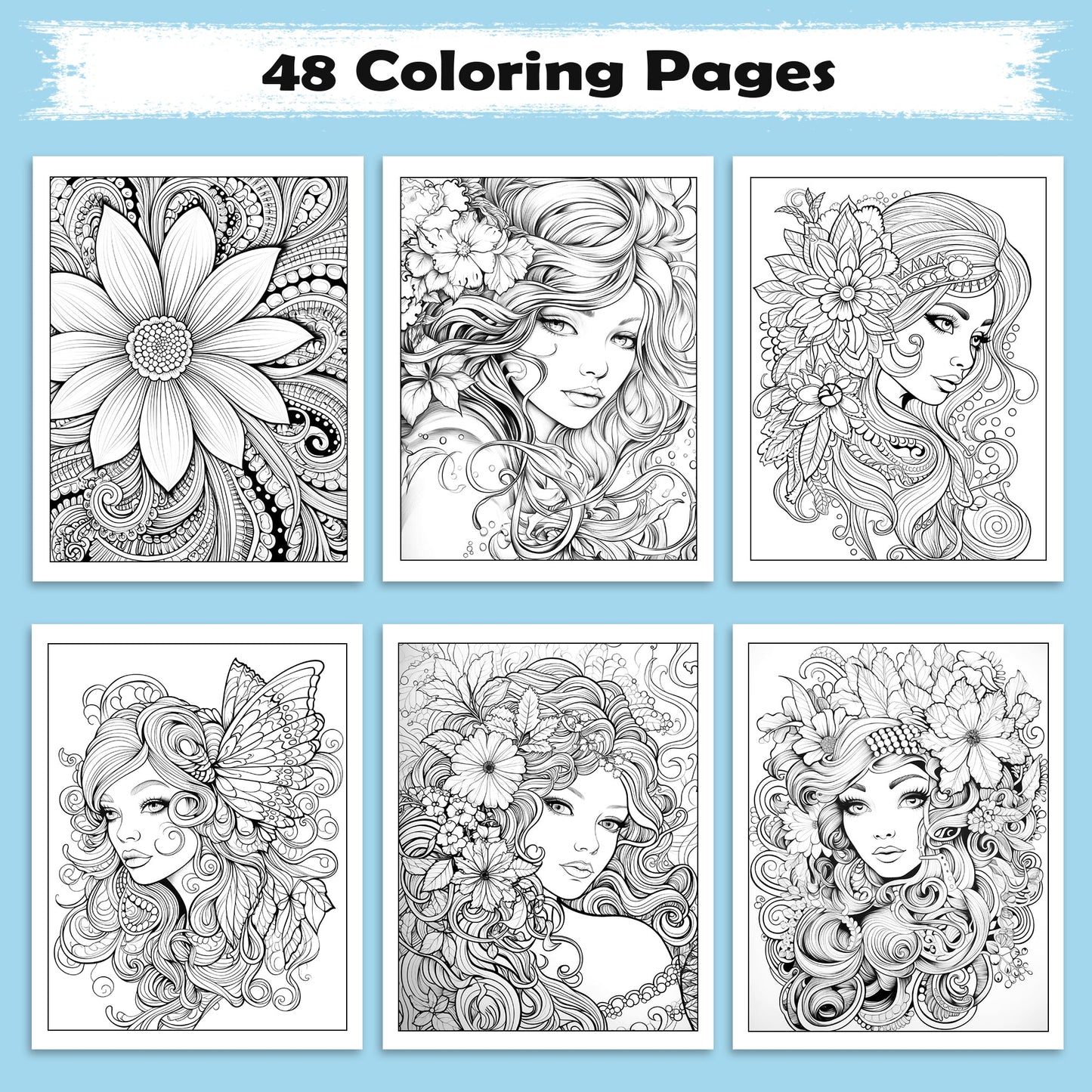 Floral Muse Coloring Pages – 48 Elegant Woman Designs for Adults