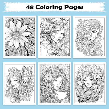 Floral Muse Coloring Pages – 48 Elegant Woman Designs for Adults