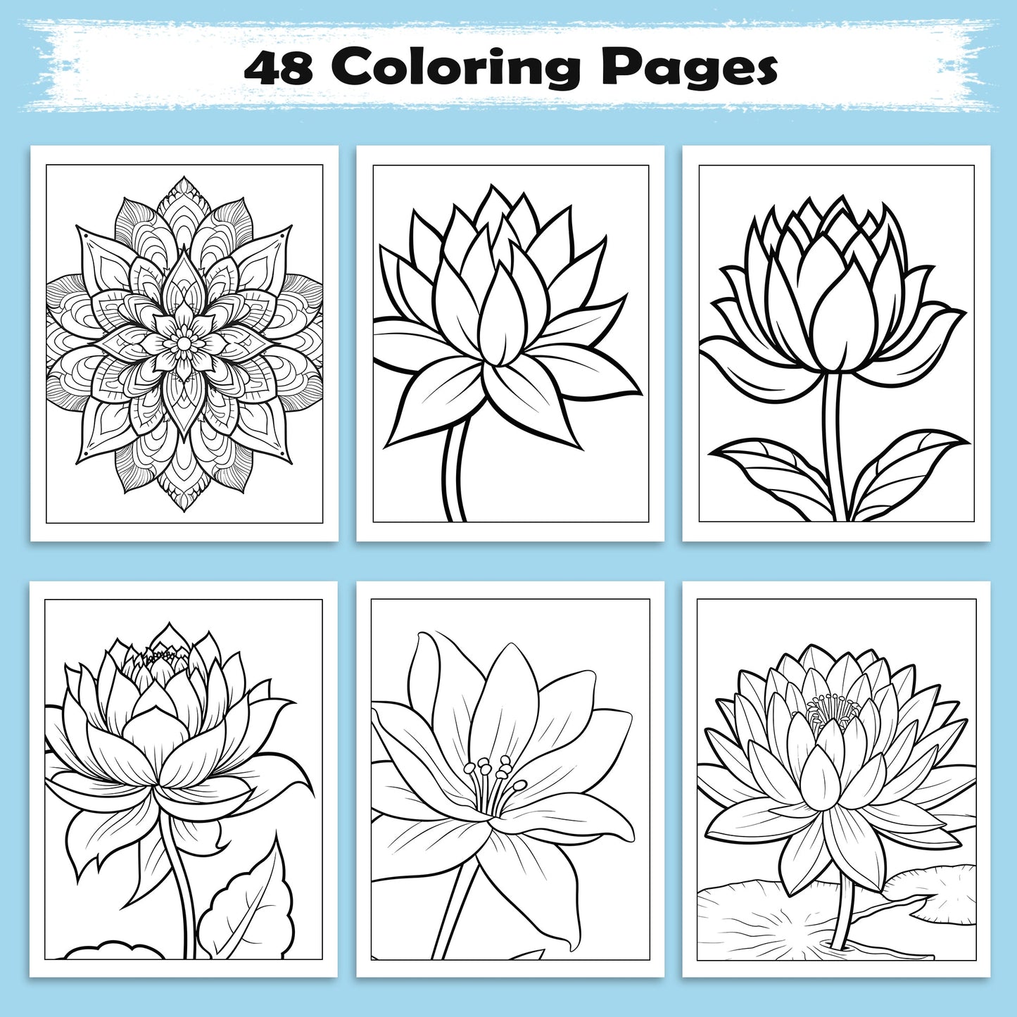 Tranquil Blooms Zen Coloring Pages – 48 Pages – Lotus Flowers, Calm Mandalas, Nature Harmony – For Adults