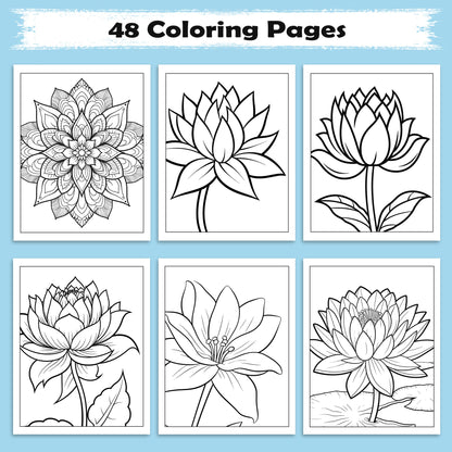 Tranquil Blooms Zen Coloring Pages – 48 Pages – Lotus Flowers, Calm Mandalas, Nature Harmony – For Adults