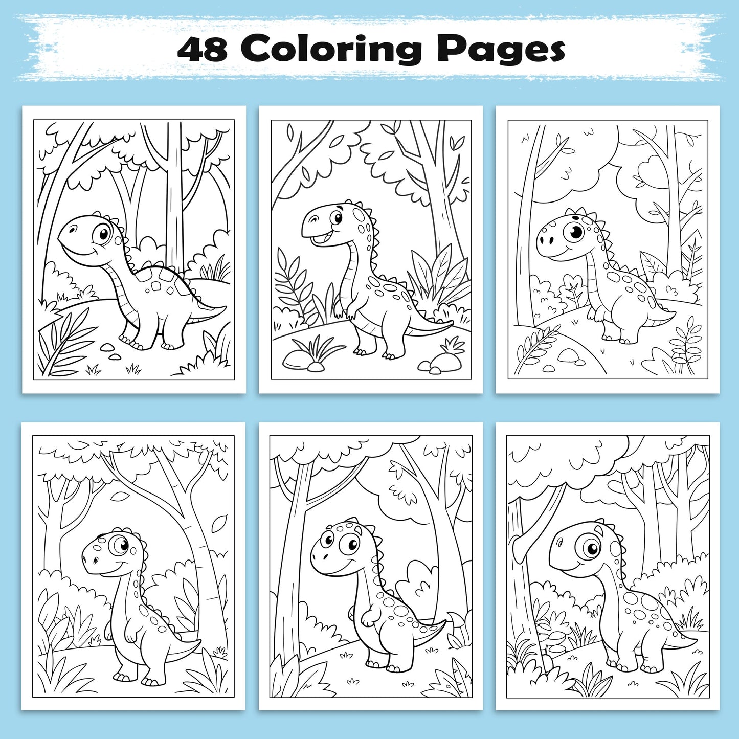Forest Dino Friends – Fun Dinosaur Coloring Pages – 48 Pages – Jungle, Cute Dinosaurs, Simple Line Art – For Kids