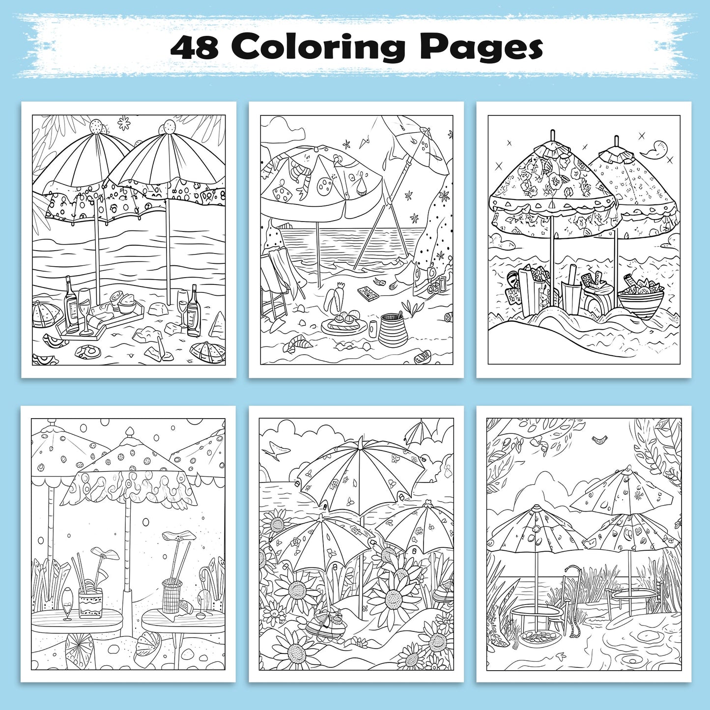 Tropical Picnic Escape Coloring Page – 48 Pages – Beach Picnic Theme – For Adults