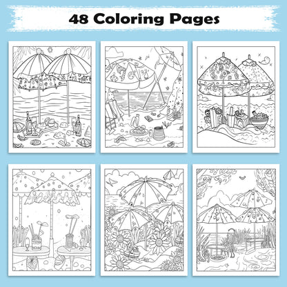 Tropical Picnic Escape Coloring Page – 48 Pages – Beach Picnic Theme – For Adults
