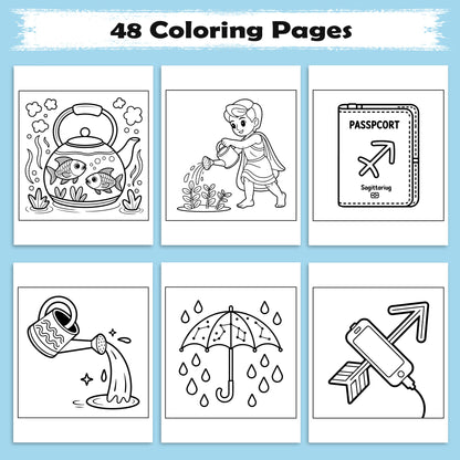 Celestial Kids of the Zodiac Coloring Pages – 48 Pages – Whimsical Star Sign Adventures for Children