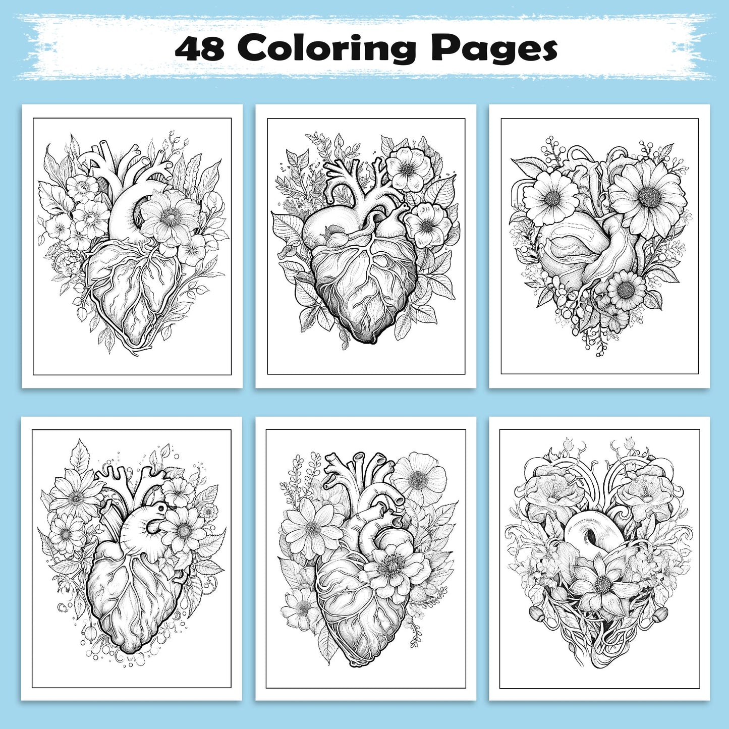 Botanical Heart Coloring Pages – 48 Pages – Beautiful Flowers, Vines, Nature – For Adults