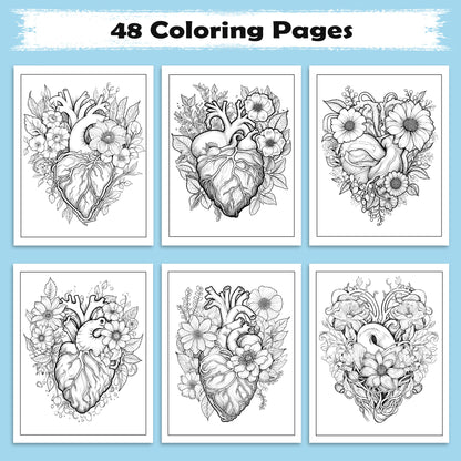 Botanical Heart Coloring Pages – 48 Pages – Beautiful Flowers, Vines, Nature – For Adults