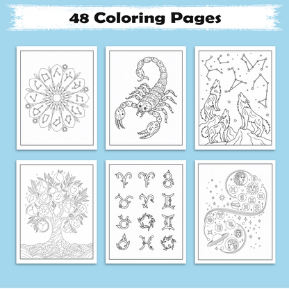 Zodiac Harmony – Astrology Coloring Pages – 48 Pages – Stars, Constellations, Mandala Designs – For Adults