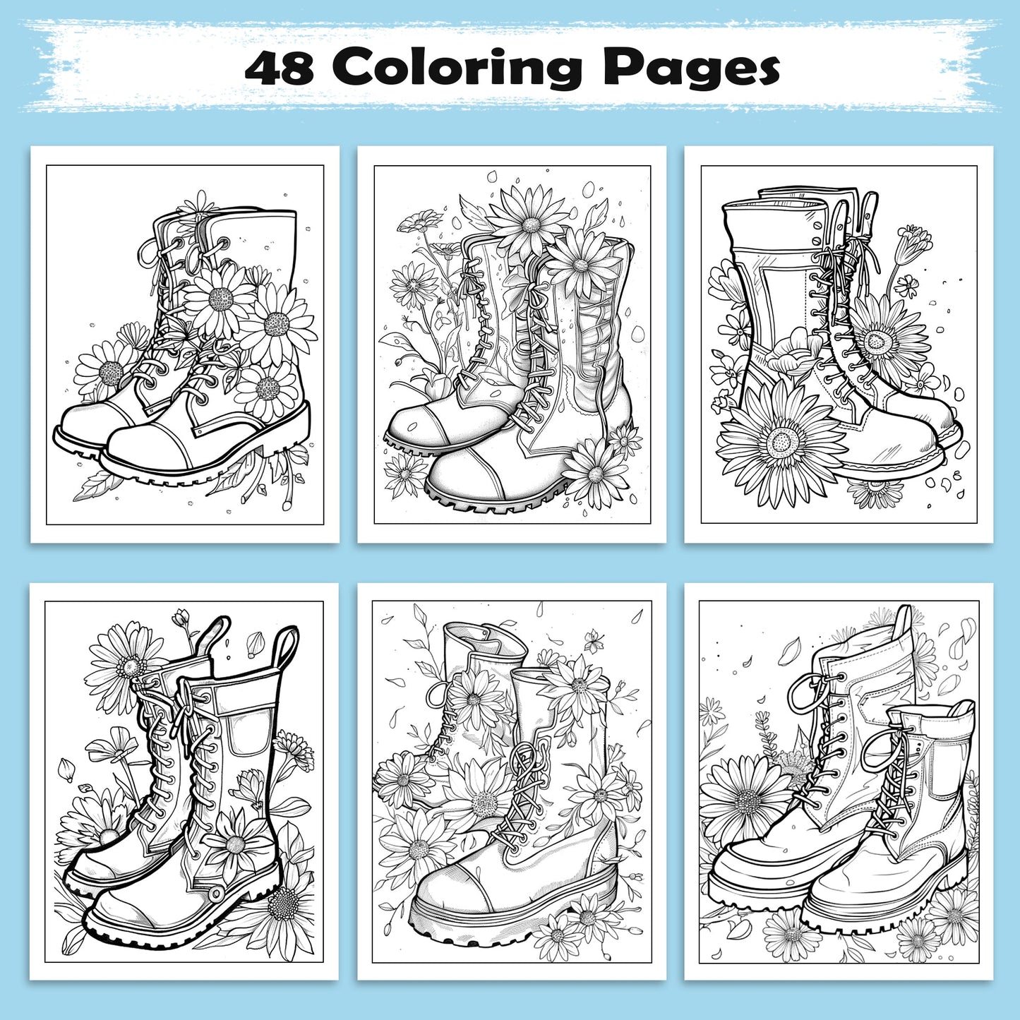 Daisy Steps Coloring Pages – 48 Charming Flower & Boot Illustrations for Adults
