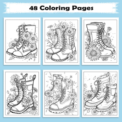 Daisy Steps Coloring Pages – 48 Charming Flower & Boot Illustrations for Adults