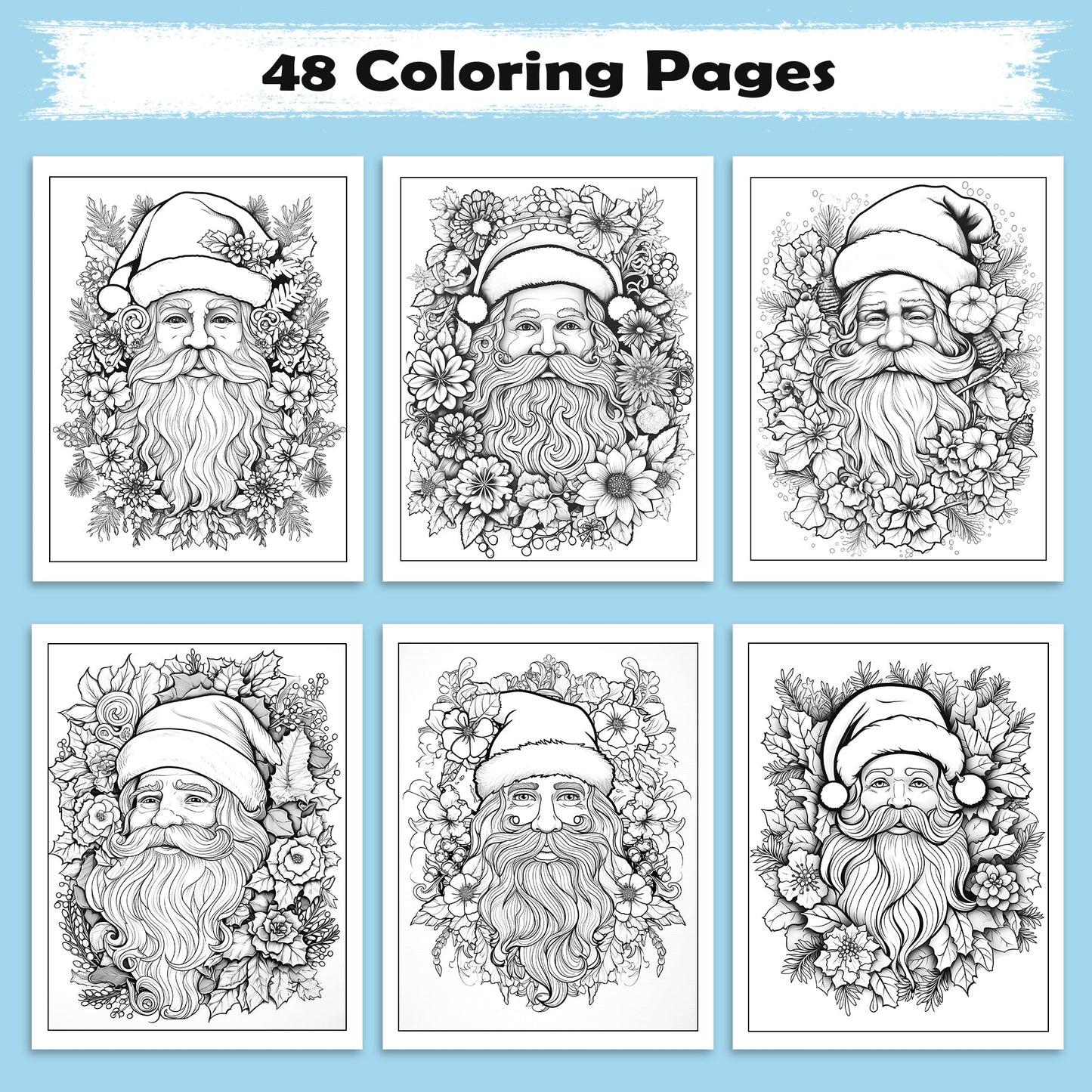 Jolly Santa Garden Coloring Pages – 48 Pages – Christmas Flowers, Santa Art, Holiday Vibes – For Adults