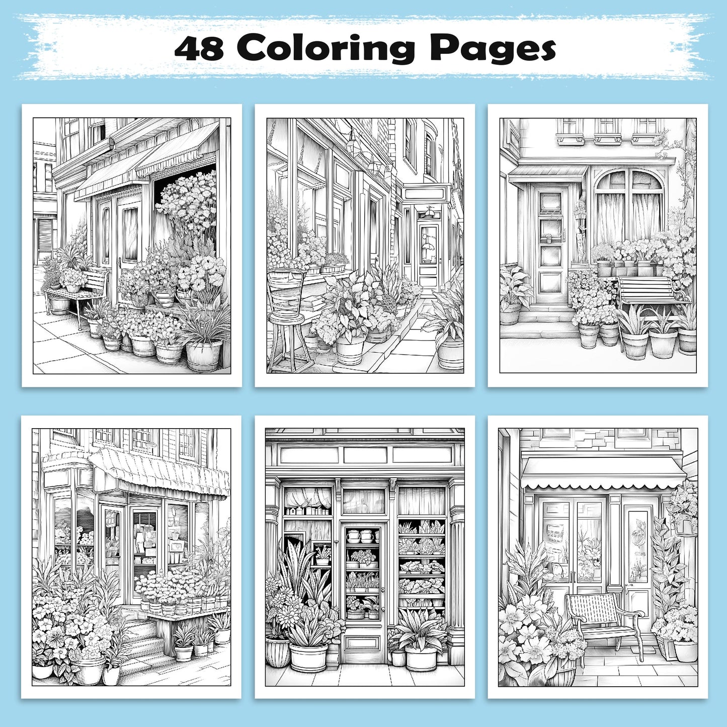 Floral Street Charm Coloring Pages – 48 Relaxing Flower Scenes for Adults