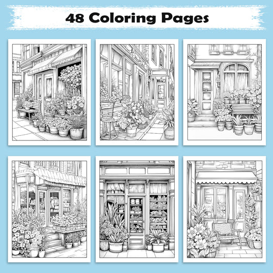 Floral Street Charm Coloring Pages – 48 Relaxing Flower Scenes for Adults