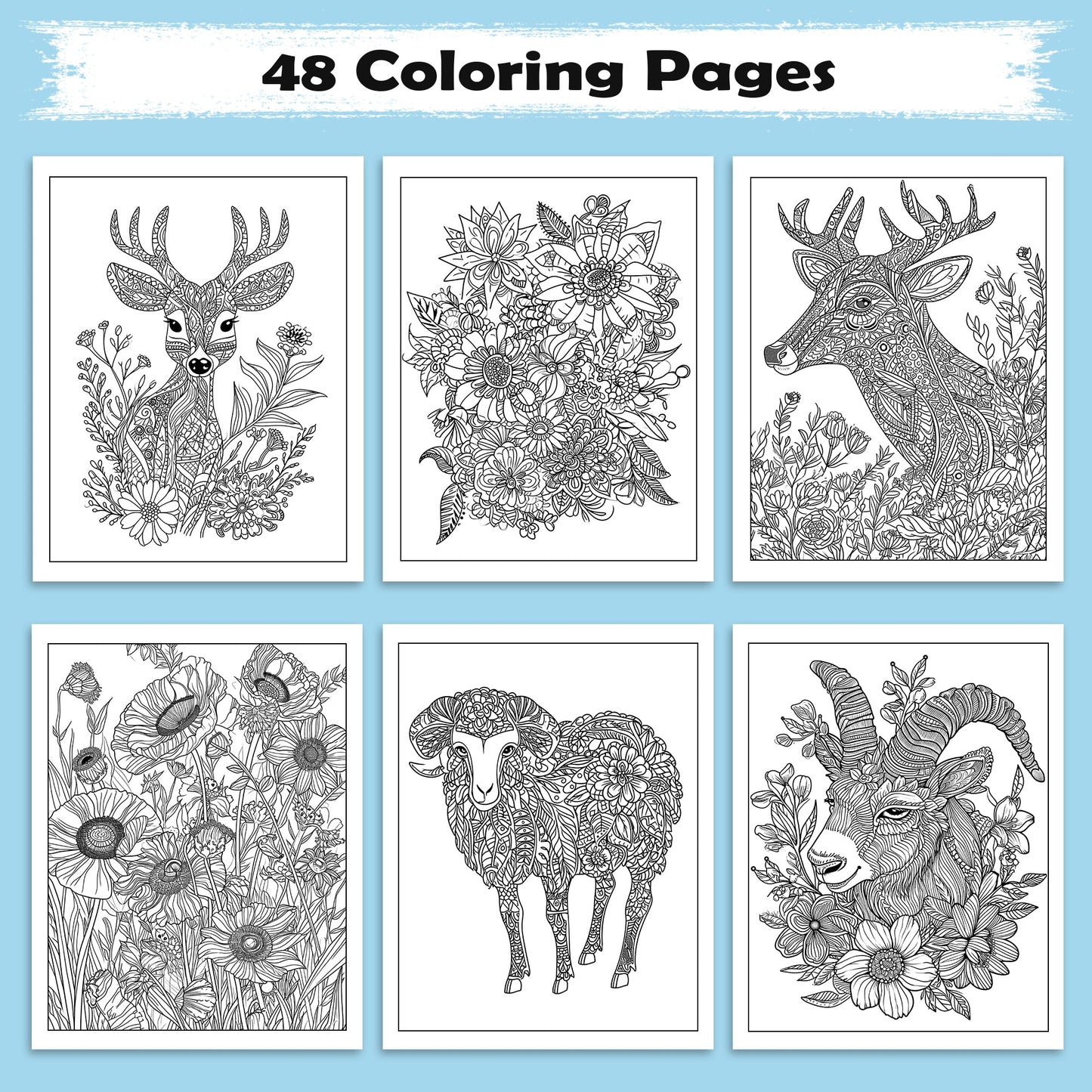 Wild Blooms Coloring Pages – 48 Pages – Intricate Flowers, Animals, Nature Patterns – For Adults