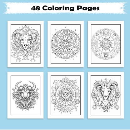 Starlit Zodiac Mandalas – Zodiac Coloring Pages – 48 Pages – Cosmic Patterns, Horoscope Magic – For Adults