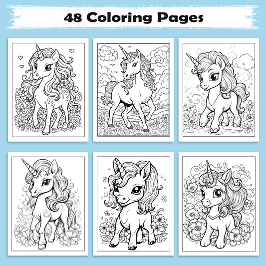 Magical Flower Unicorns – Coloring Pages – 48 Pages – Kawaii Unicorns Surrounded by Blooms – For Kids