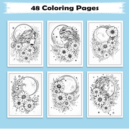 Moonlit Petals – Flower and Moon Coloring Pages – 48 Pages – Feminine, Magical, Nature-Inspired Beauty – For Adults