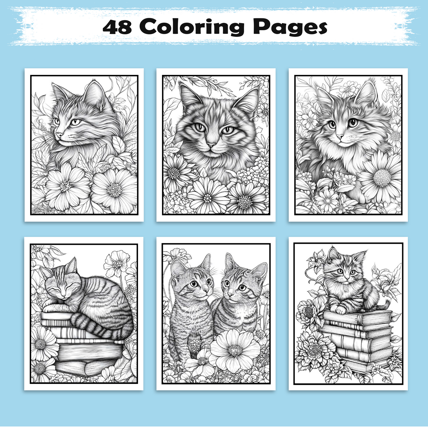 Whiskers & Blooms –  Flower Coloring Pages – 48 Pages – Cozy Cats, Floral Backgrounds, Relaxing Line Art – For Adults