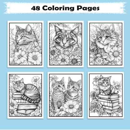 Whiskers & Blooms –  Flower Coloring Pages – 48 Pages – Cozy Cats, Floral Backgrounds, Relaxing Line Art – For Adults