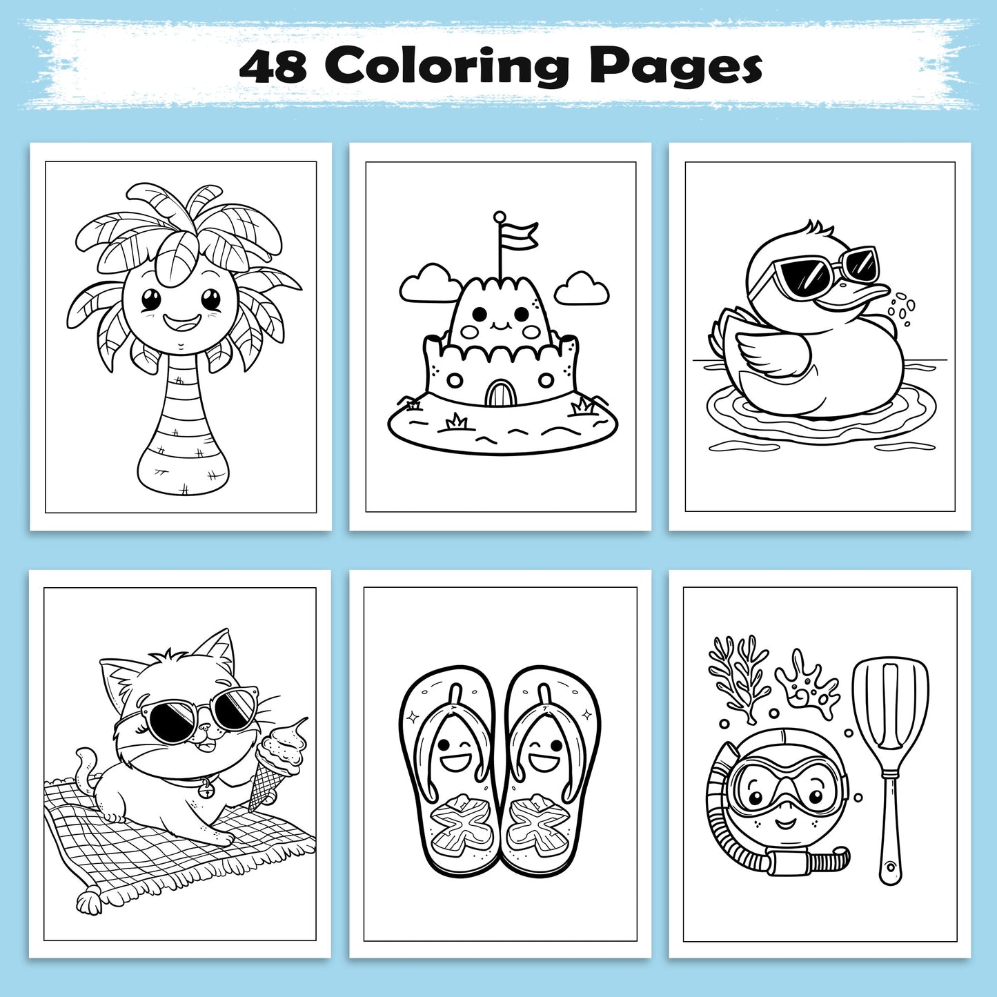 Kawaii Summer Fun Coloring Pages – 48 Pages – Cute Beach, Vacation, and Fun Summer Designs – For Kids