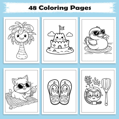 Kawaii Summer Fun Coloring Pages – 48 Pages – Cute Beach, Vacation, and Fun Summer Designs – For Kids