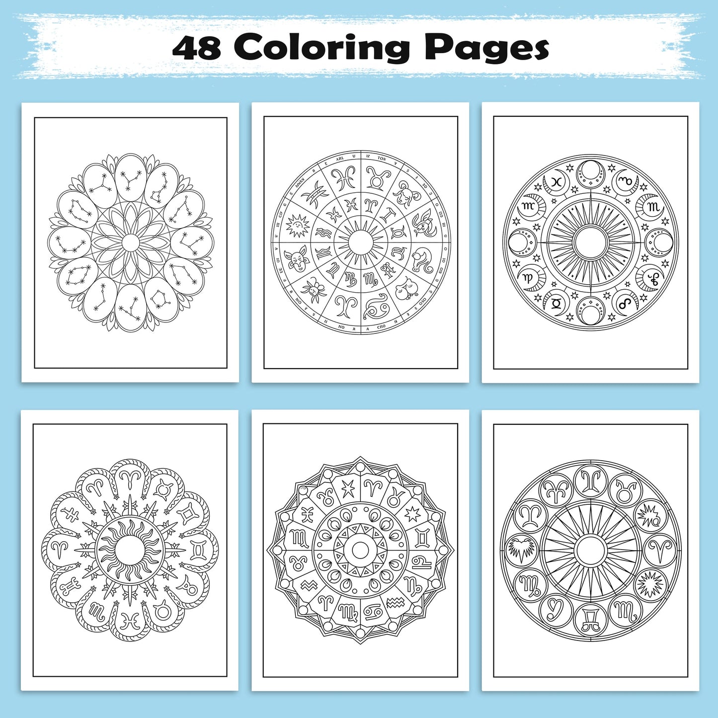 Zodiac Mandalas Coloring Pages – 48 Pages – Celestial Symbols & Constellation Designs for Adults