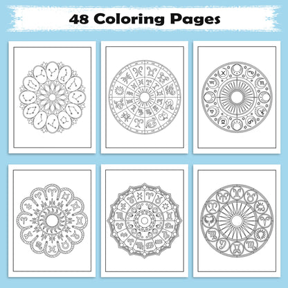 Zodiac Mandalas Coloring Pages – 48 Pages – Celestial Symbols & Constellation Designs for Adults