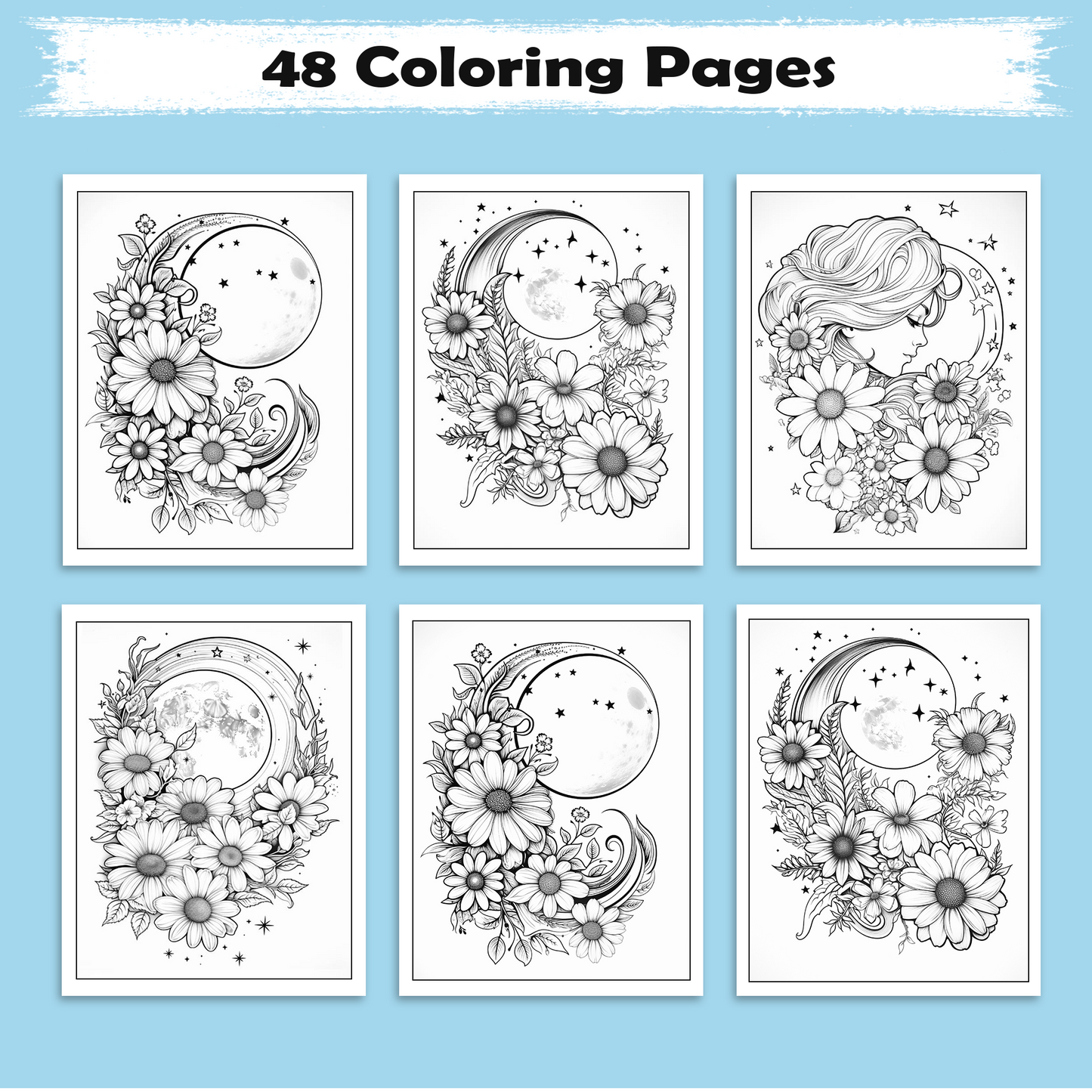 Lunar Blossoms – Flower and Moon Coloring Pages – 48 Pages – Ethereal, Dreamy, Celestial Floral Scenes – For Adults