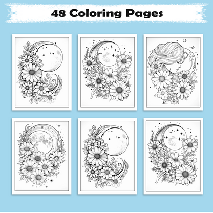 Lunar Blossoms – Flower and Moon Coloring Pages – 48 Pages – Ethereal, Dreamy, Celestial Floral Scenes – For Adults