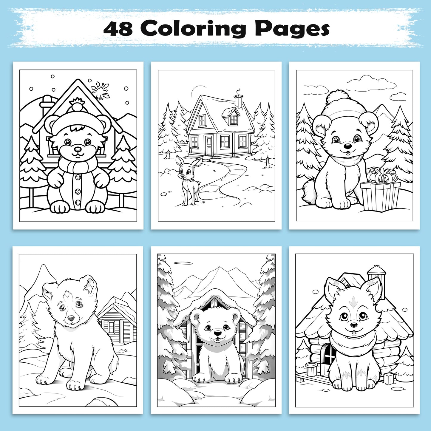 Snowy Friends Coloring Pages – 48 Pages – Cute Winter Animals – For Kids