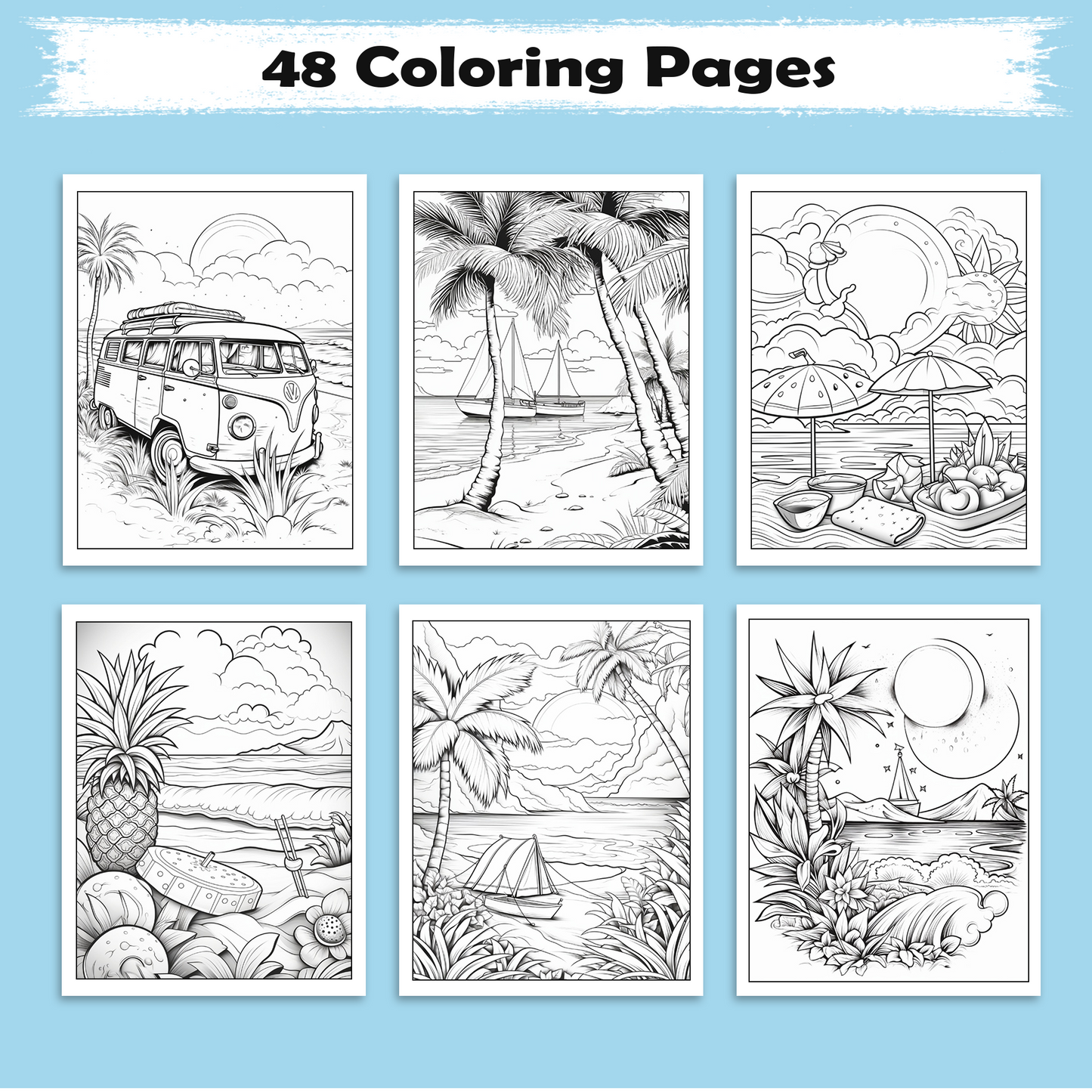Tranquil Shores Hawaii Coloring Pages – 48 Serene Ocean and Palm Tree Scenes for Adults