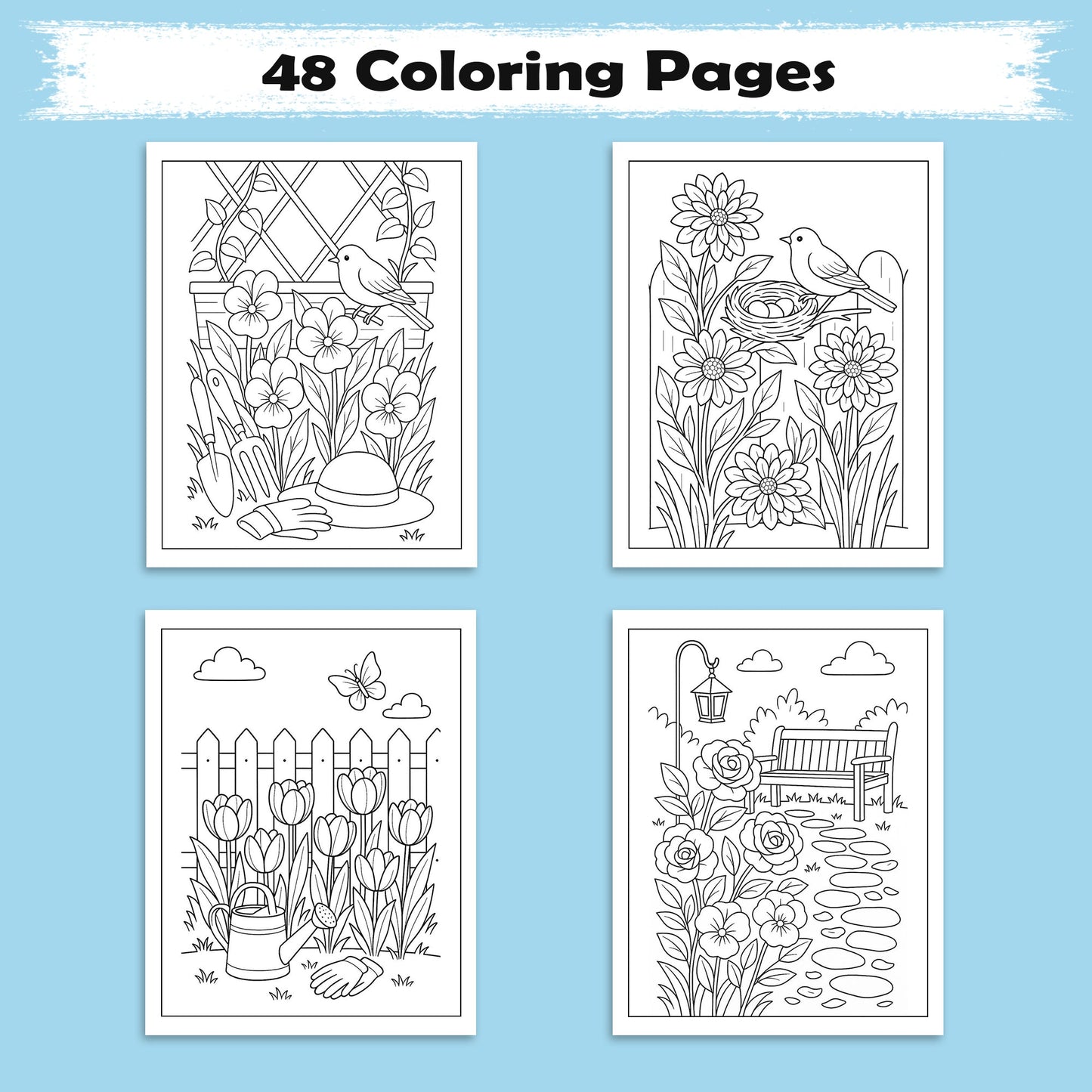 Backyard Bloomscapes – Flower Coloring Pages – 48 Pages – Cozy Gardens, Tulips, Roses, Birdhouses – For Adults