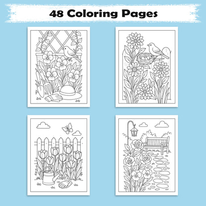 Backyard Bloomscapes – Flower Coloring Pages – 48 Pages – Cozy Gardens, Tulips, Roses, Birdhouses – For Adults