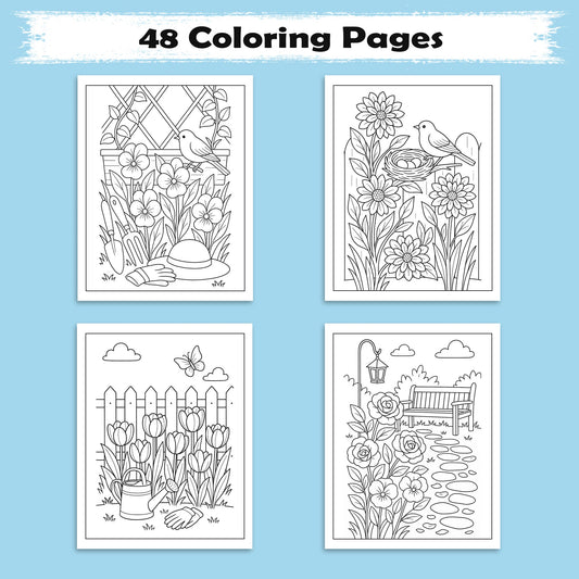 Backyard Bloomscapes – Flower Coloring Pages – 48 Pages – Cozy Gardens, Tulips, Roses, Birdhouses – For Adults